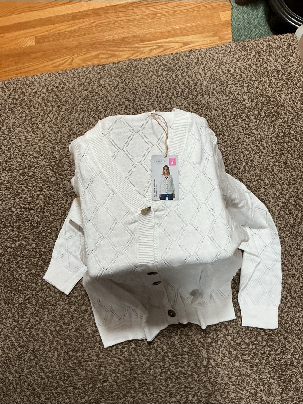 Serra White Diamond-Knit V-Neck Button Cardigan